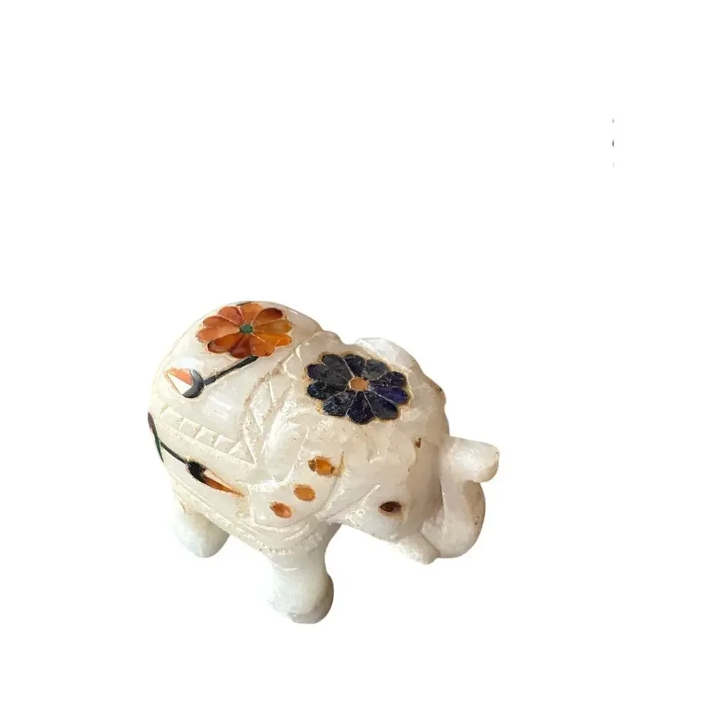 Hand Carved Stone Lucky Elephant Figurine Floral Inlay Marble Alabaster 2” VTG